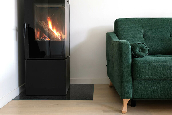 Rectangular glass hearth for wood stove Stone structure pattern