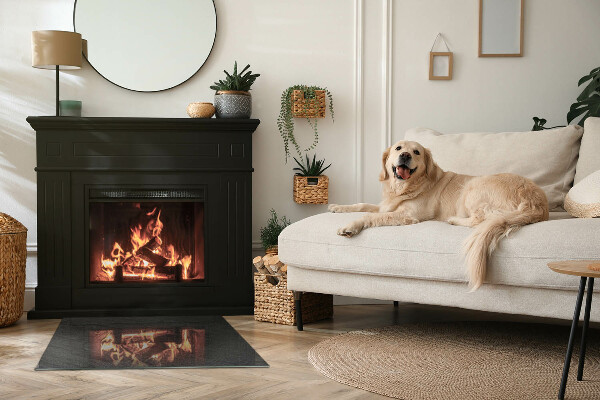 Rectangular glass hearth for wood stove Stone structure pattern