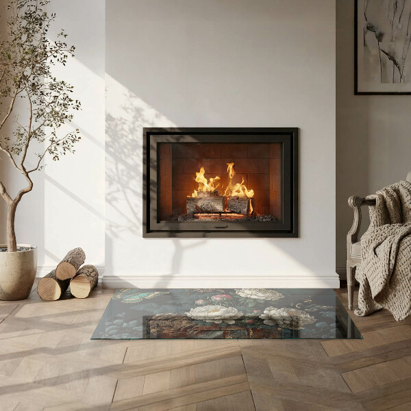 Rectangular glass hearth Floral motif with butterflies