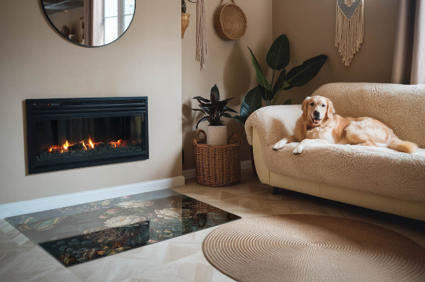 Rectangular glass hearth Floral motif with butterflies