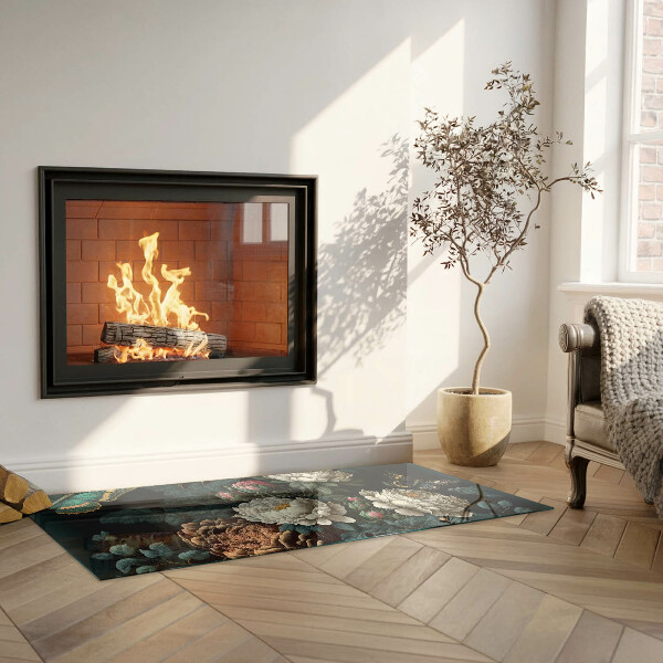 Rectangular glass hearth Floral motif with butterflies