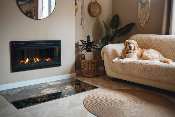 Rectangular glass hearth Floral motif with butterflies