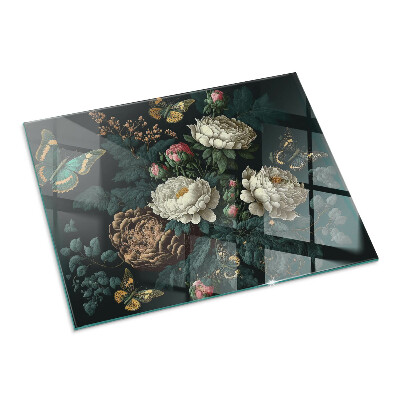 Rectangular glass hearth Floral motif with butterflies