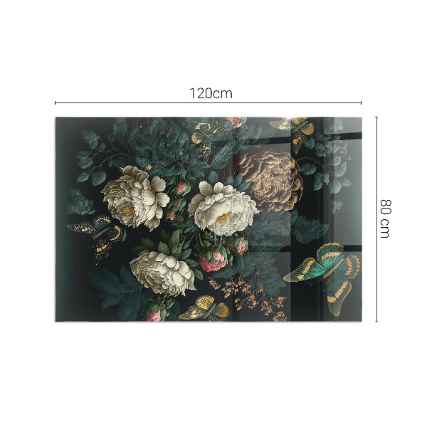 Rectangular glass hearth Floral motif with butterflies