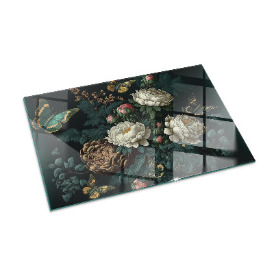 Rectangular glass hearth Floral motif with butterflies