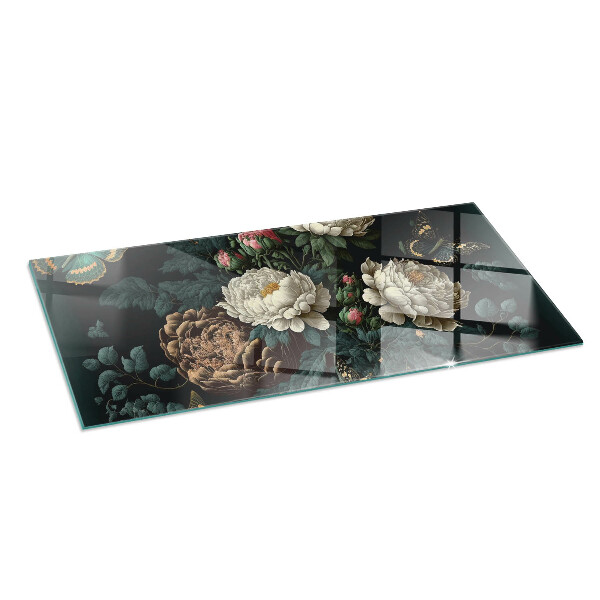 Rectangular glass hearth Floral motif with butterflies
