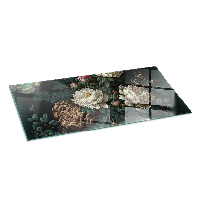 Rectangular glass hearth Floral motif with butterflies