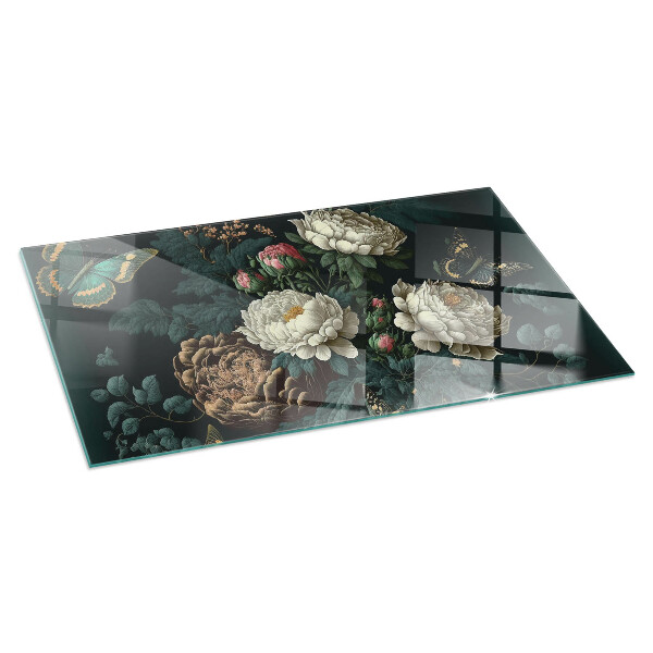 Rectangular glass hearth Floral motif with butterflies
