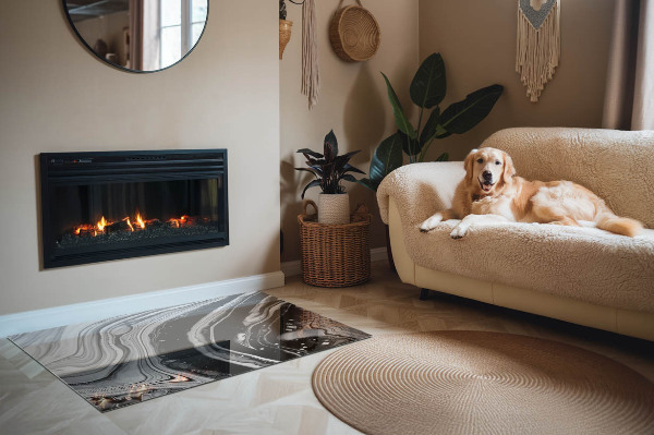 Rectangular tempered glass hearth Abstract wavy and linear patterns