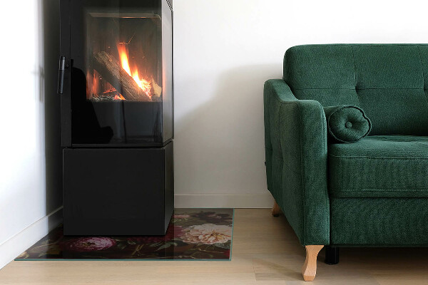 Rectangular tempered glass hearth Floral detail in full bloom