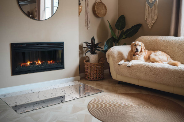 Rectangular tempered glass hearth Stone pattern with small accents
