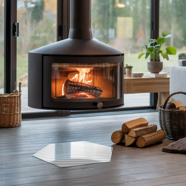 Hexagonal glass hearth for wood stove Waves of subtle shapes