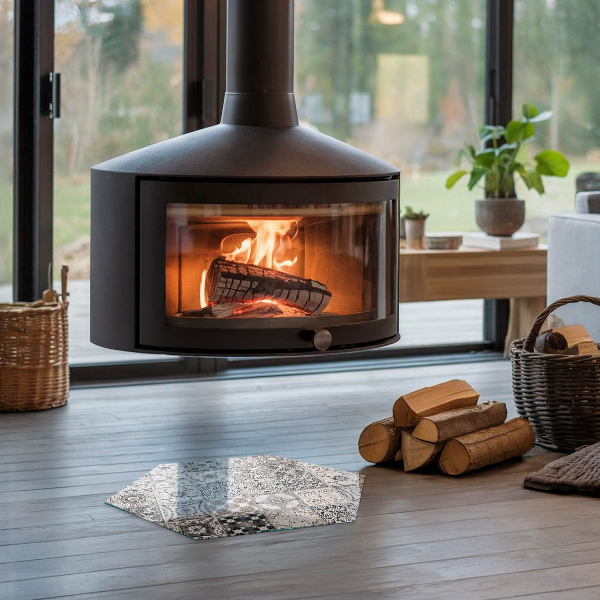 Hexagonal glass hearth for log burner Tiled decorative patterns