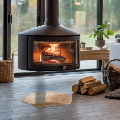 Hexagonal glass hearth for wood stove Wood-inspired pattern