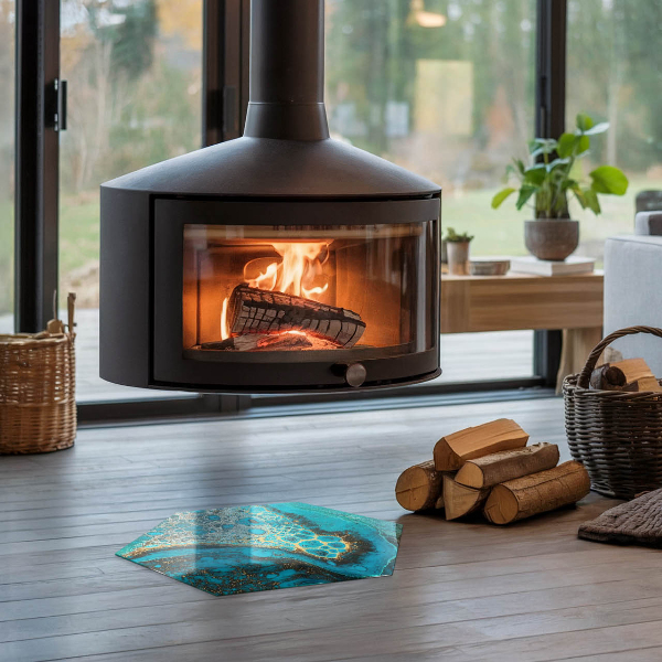 Hexagonal glass hearth for log burner Organic pattern in an abstract style