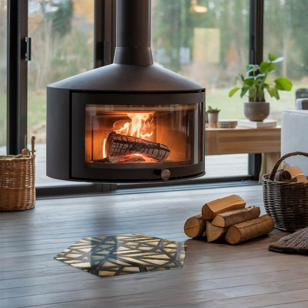 Hexagonal glass hearth for wood stove Modern shapes with a wooden accent