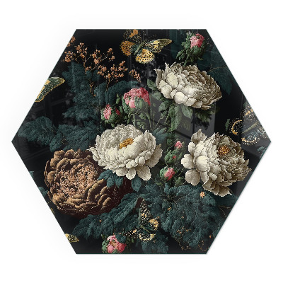 Hexagonal glass hearth Floral motif with butterflies