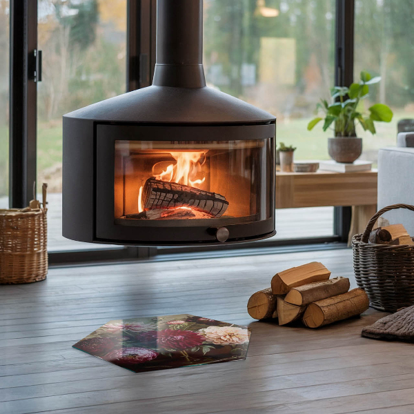 Hexagonal glass hearth for log burner Floral detail in full bloom