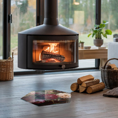 Hexagonal glass hearth for log burner Floral detail in full bloom