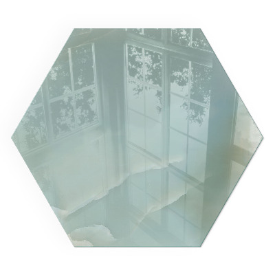 Hexagonal glass hearth for log burner Marble motif in subtle tones