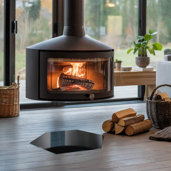 Hexagonal glass hearth for log burner Color Black