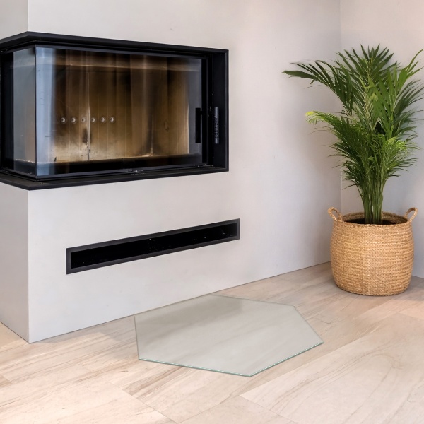 Hexagonal hearth pad for fireplace with an icy visual effect