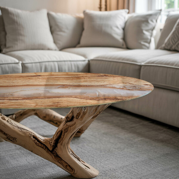 Glass table Natural wood with resin