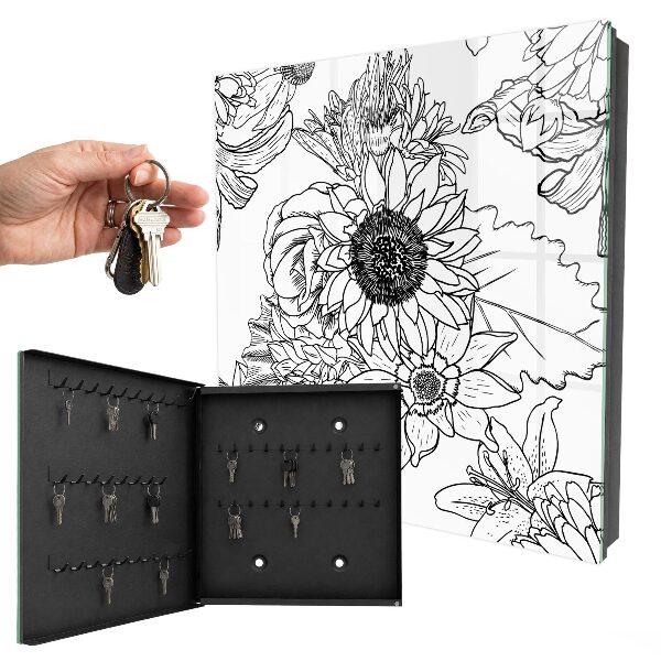 Key cabinet for wall Black and white flowers