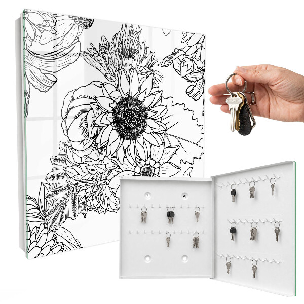 Key cabinet for wall Black and white flowers