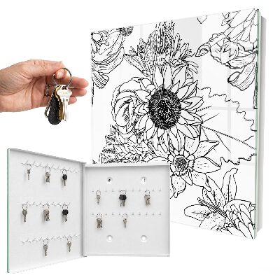 Key cabinet for wall Black and white flowers