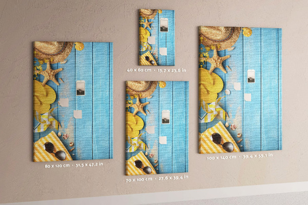 Cork notice board Summer accessories against a blue wooden background