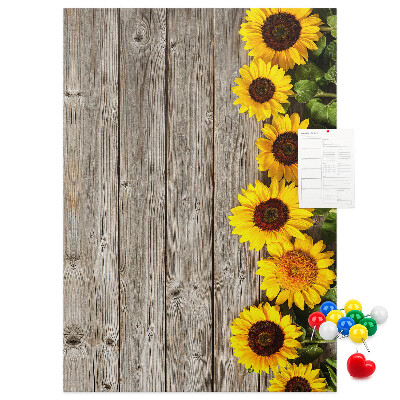 Cork notice board Sunflowers on a wooden board background