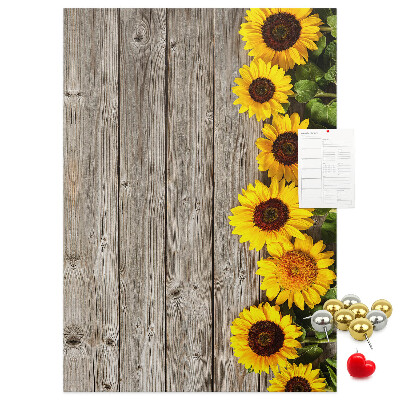 Cork notice board Sunflowers on a wooden board background