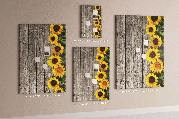 Cork notice board Sunflowers on a wooden board background
