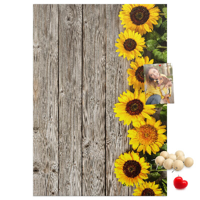 Cork notice board Sunflowers on a wooden board background