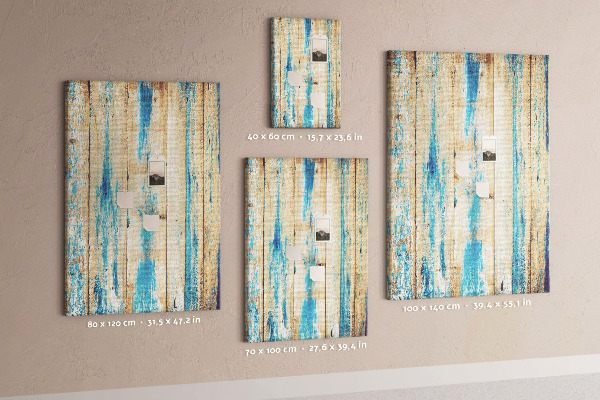 Cork notice board Old wooden panel with blue accents