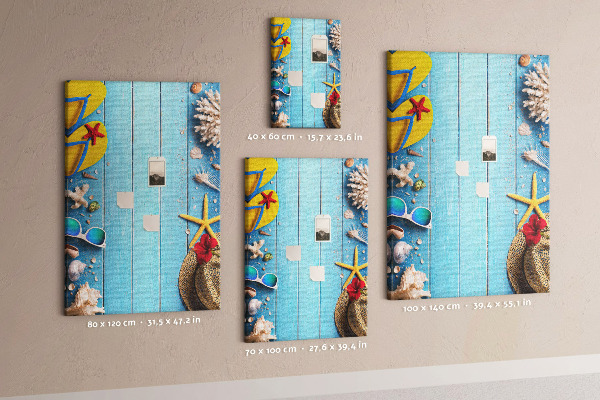 Wall cork memo board Summer accessories on a blue wood background
