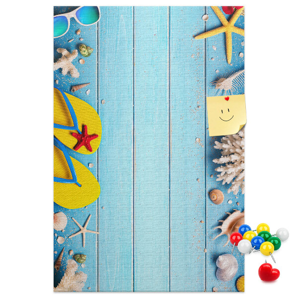 Memo cork board Summer beach accessories on a blue background
