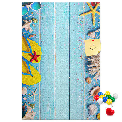 Memo cork board Summer beach accessories on a blue background