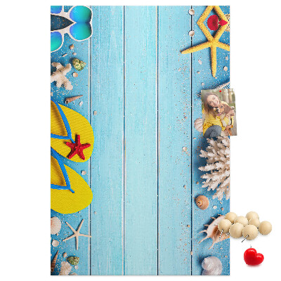 Memo cork board Summer beach accessories on a blue background