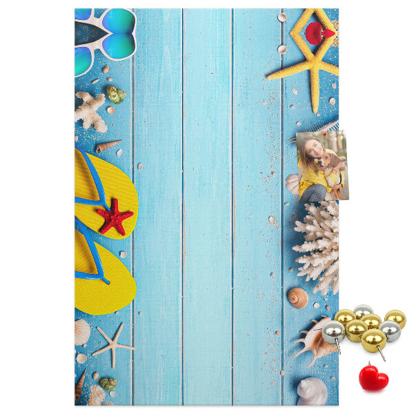 Memo cork board Summer beach accessories on a blue background