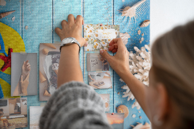 Memo cork board Summer beach accessories on a blue background