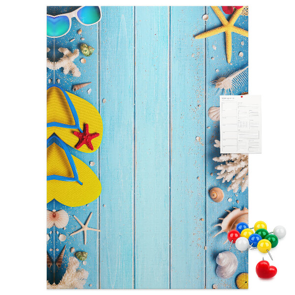 Memo cork board Summer beach accessories on a blue background