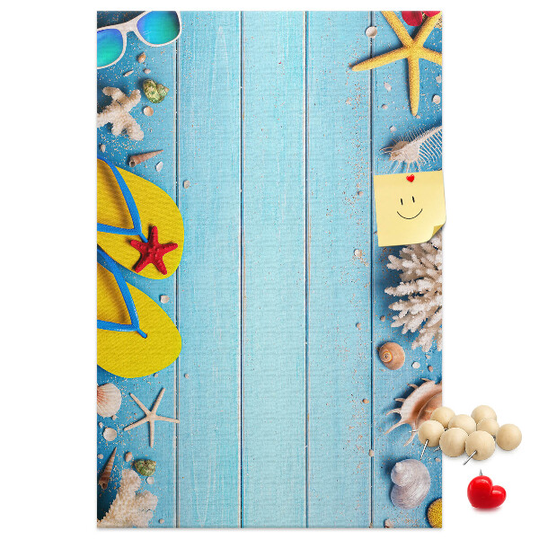 Memo cork board Summer beach accessories on a blue background