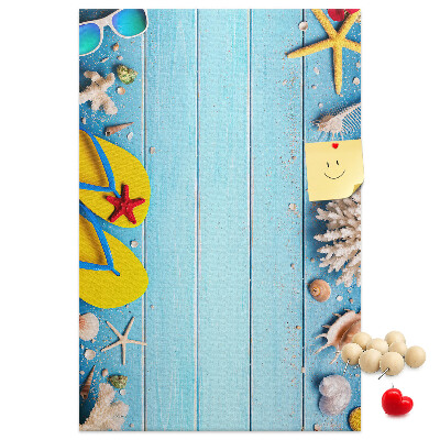 Memo cork board Summer beach accessories on a blue background