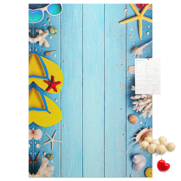 Memo cork board Summer beach accessories on a blue background
