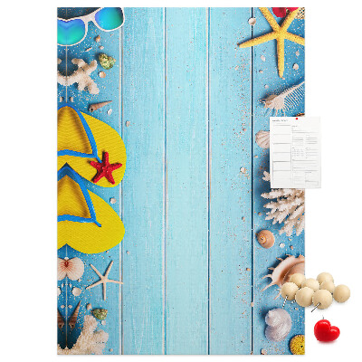 Memo cork board Summer beach accessories on a blue background