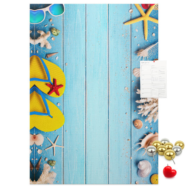 Memo cork board Summer beach accessories on a blue background