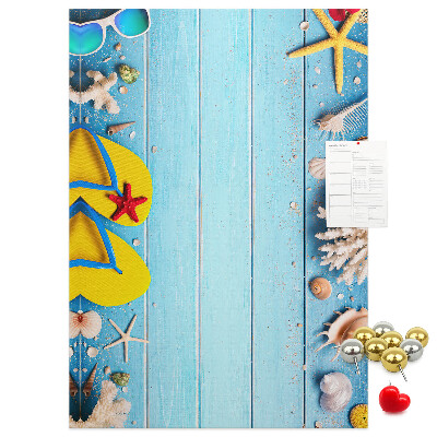 Memo cork board Summer beach accessories on a blue background