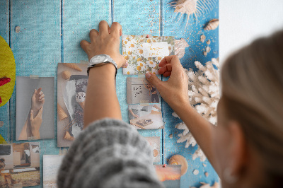 Memo cork board Summer beach accessories on a blue background
